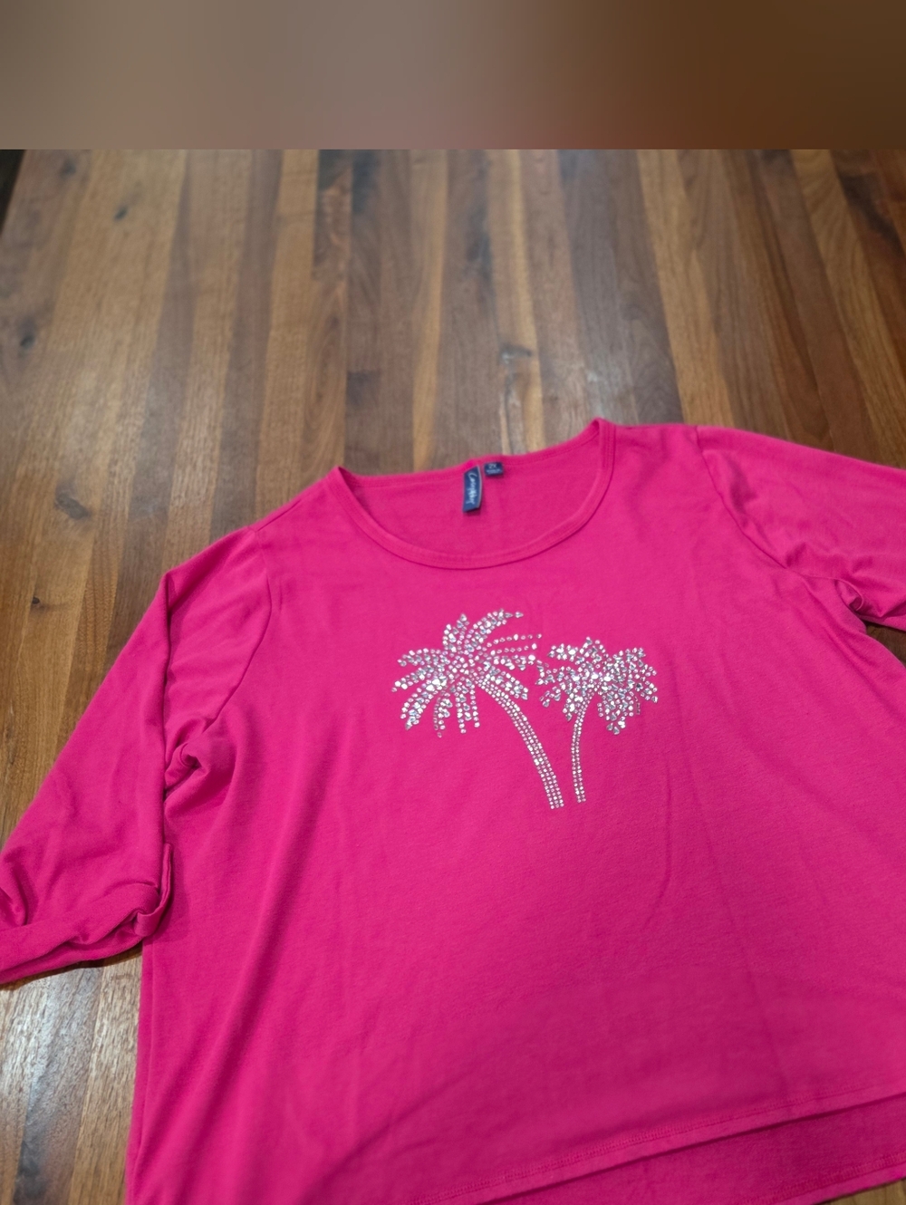 Pink Palm Tree Rhinestone Top 3/4 Sleeve Lightweight Casual Blouse Size 2x - Picture 3 of 9